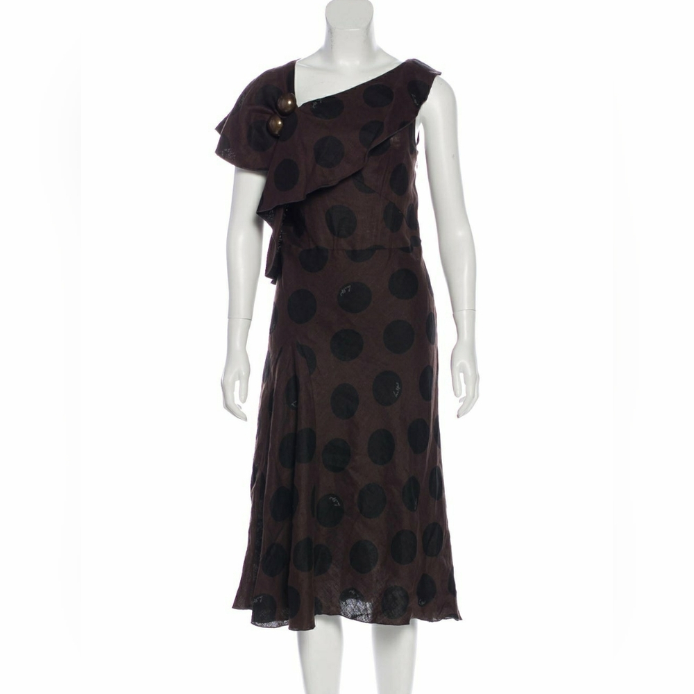 Sonia Rykiel Paris Brown Linen Dress with Black Polka Dots